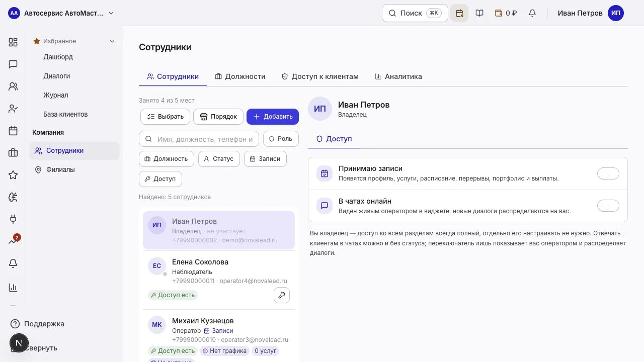 Карточка владельца: участие в записях и чатах